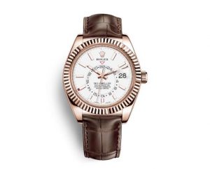 The luxury copy Rolex Sky-dweller 326135 watches have everose gold cases, white dials and dark alligator leather straps.