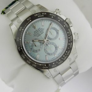 The ice blue dials replica watches have sapphire hour marks.