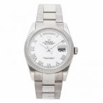 The white dial fake watch has Roman numerals.
