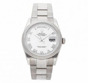 The white dial fake watch has Roman numerals.