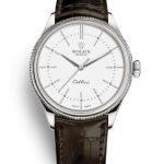 The 18ct white gold fake watch has a black strap.